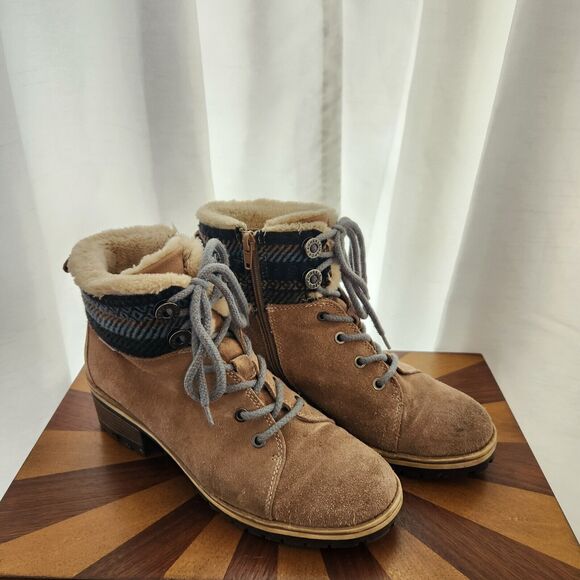 AK Sport Ankle Boots Womens US 8 Beige Suede Leather Faux Fur Warm Casual Lace - Picture 2 of 12